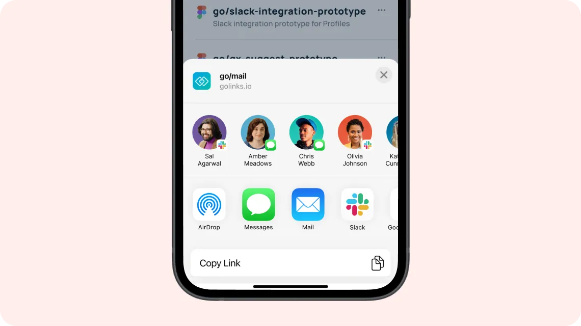 Sharing Go Links® across Slack and email on the mobile app